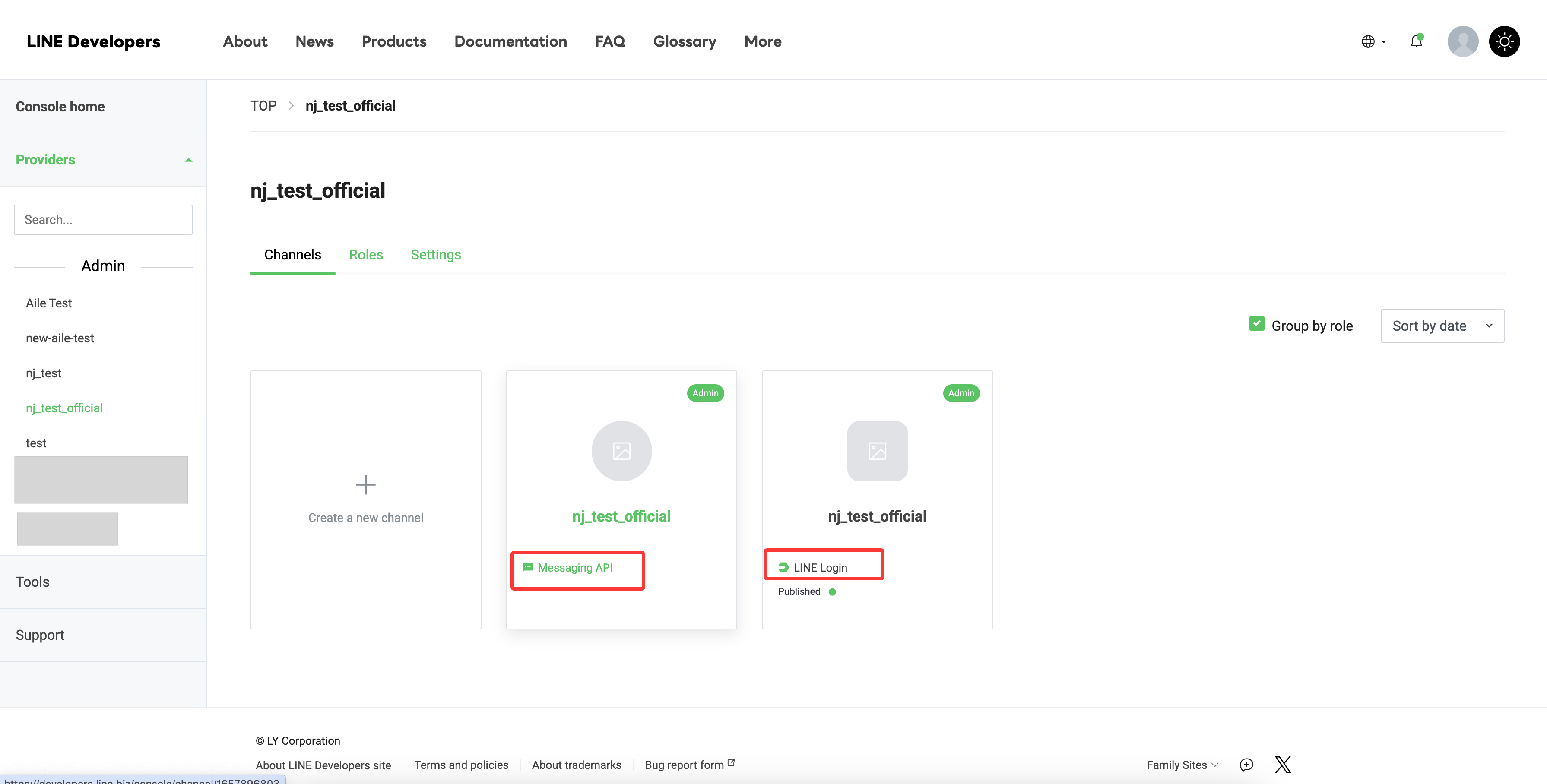 同一個 Provider 下同時顯示 Messaging API 與 LINE Login Channel 的示例。