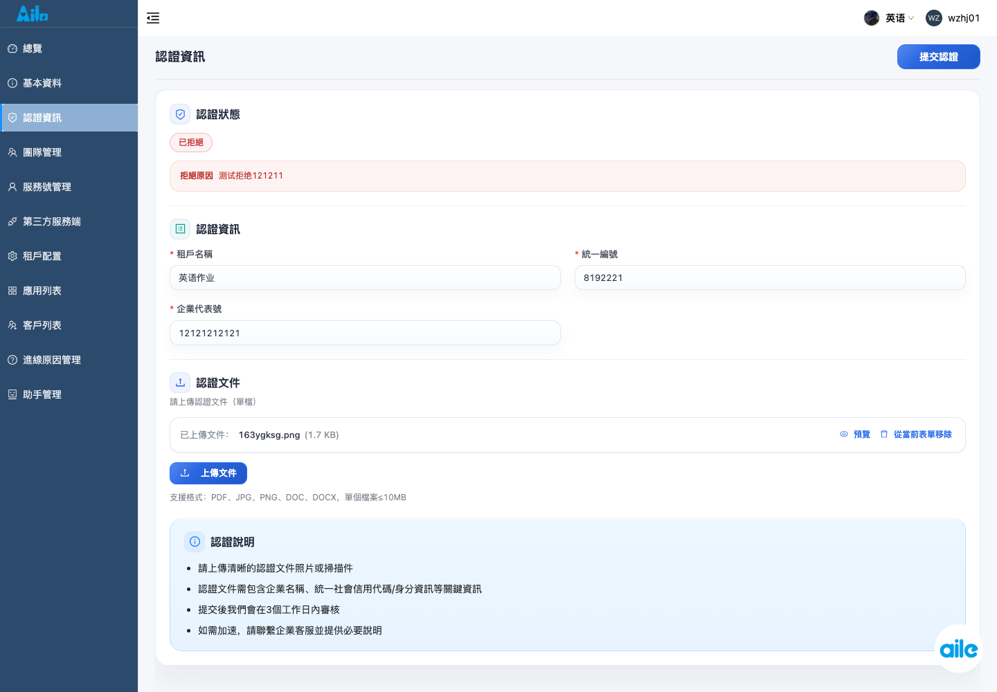 團隊租戶認證資訊頁，用來確認認證狀態、資料區塊和提交入口。