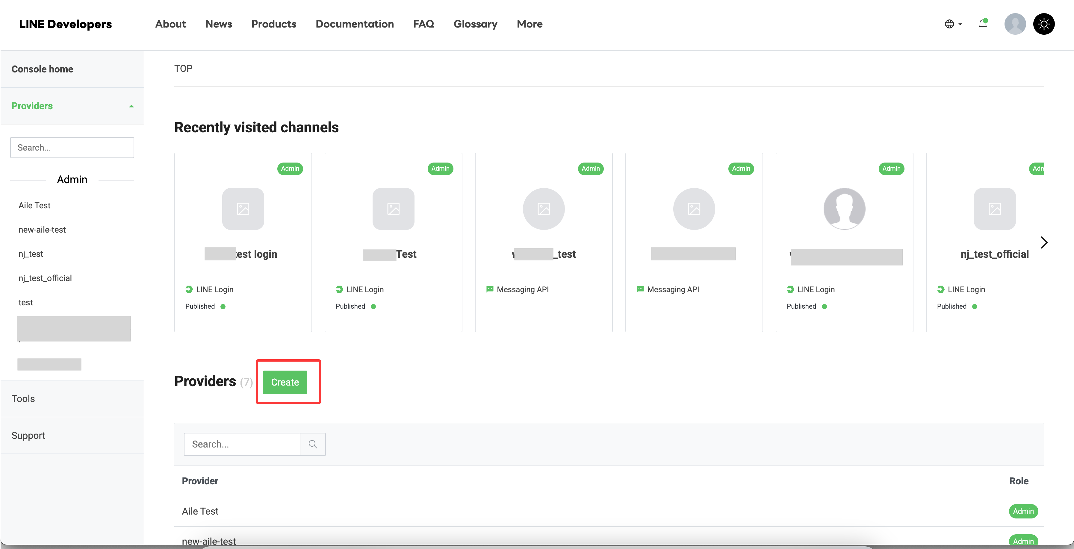 LINE Developers Console 的 Provider 建立入口。請在 Providers 區域點擊 Create。